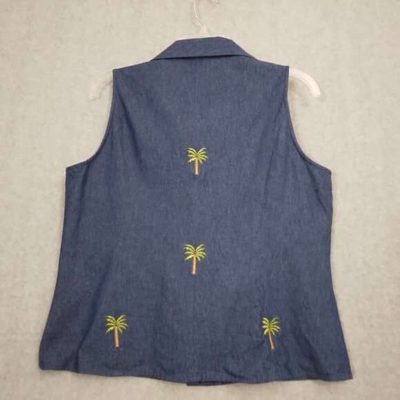 Anne Carson | Blue Denim Embroidered Sleeveless Top Palm Tree | Size L - Picture 4 of 7